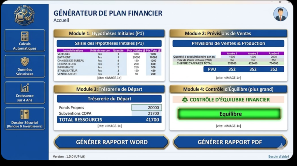 page GÉNÉRATEUR DE PLAN FINANCIER : Votre dossier financier professionnel en un clic.